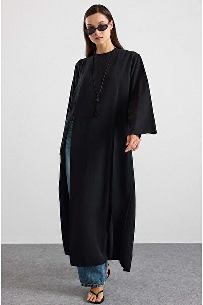Olcay Deep Slit Oversize Long Tunic Black 9838