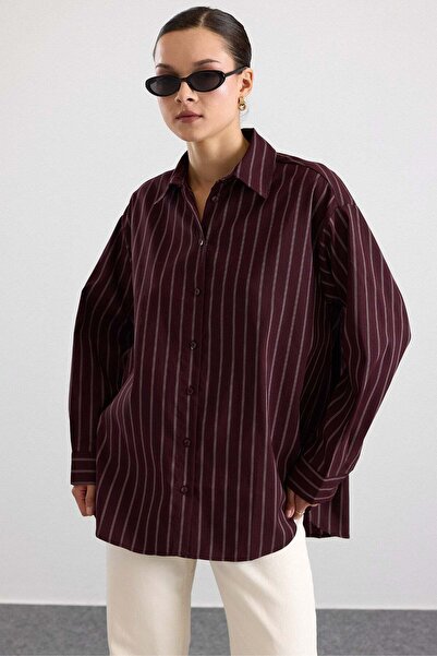 Olcay Striped Casual Shirt Bordo 9473