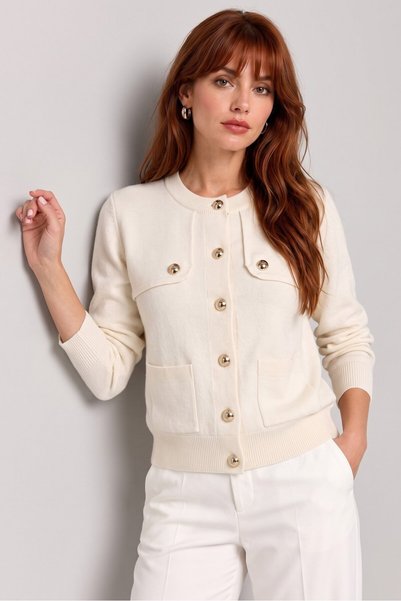 Saade Ecru Knitwear Cardigan with Double Closures and Button Detail Pocket Design