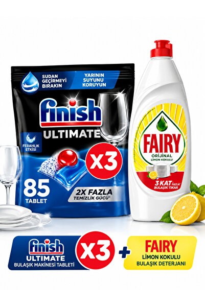 Finish Ultimate 85 Tablet x3 + Fairy Limon Kokulu Bulaşık Deterjanı 650 ml Avantajlı Temizlik Seti