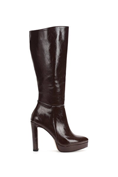 MFT AYAKKABI Brown Platform Heeled Blunt Toe Below the Knee Women's Boots