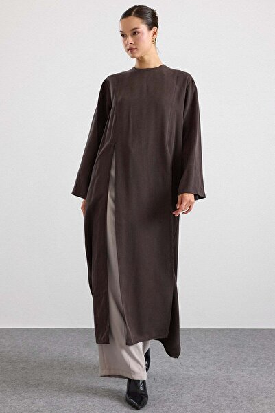 Olcay Deep Slit Oversize Long Tunic Brown 9838