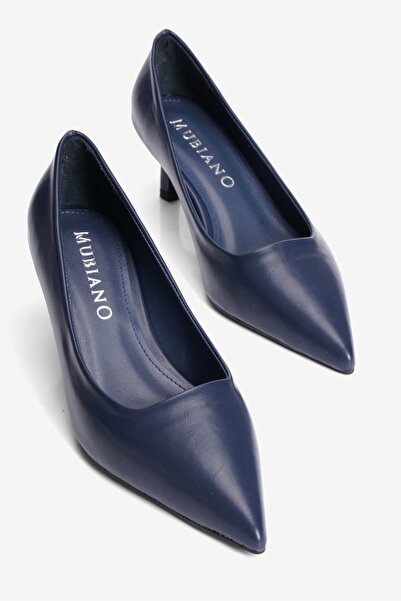 Mubiano Women's High Heel Shoes Stiletto Pointed Toe Short Heel Etta Navy Blue