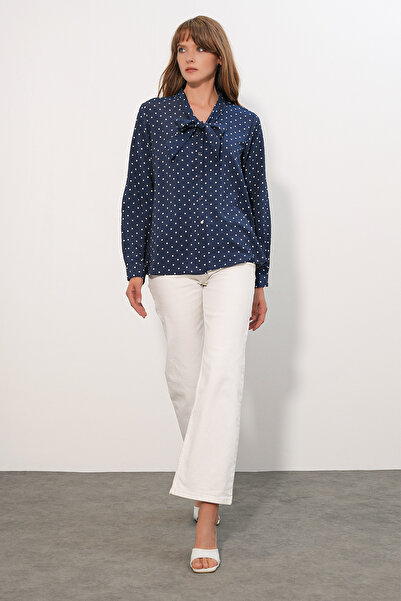Modamorfo Women's Polka Dot Scarf Collar Blouse 40007 - Navy Blue