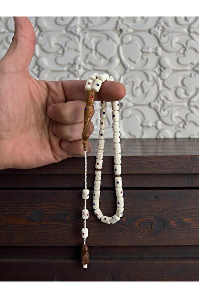 Hediyelik Deve Kemiği Tesbih 7x12mm Zirkon Taşlı İşlemeli Kuka İmame El Yapımı