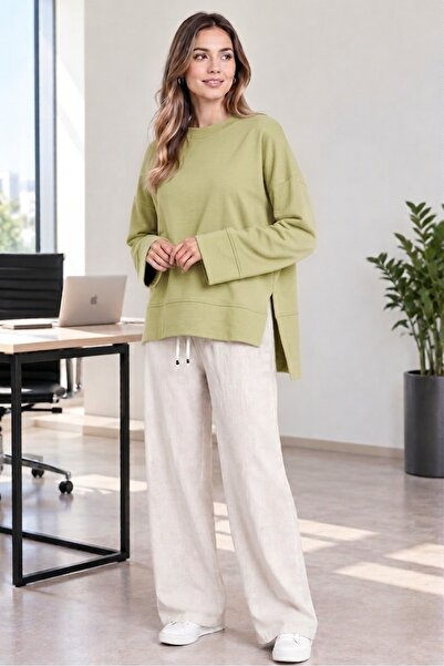 Soul Tunic Blouse with Basic Side Slits and Detailing in Olive