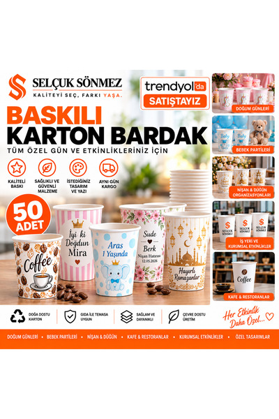 SELÇUK SÖNMEZ Kişiye Özel Baskılı Karton Bardak 50 Adet İsimli Logolu Organiz...