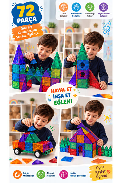 Baby Home 72 Parça Manyetik Yapı Blokları - Çocuklar için Renkli 3 Boyutlu Ka...