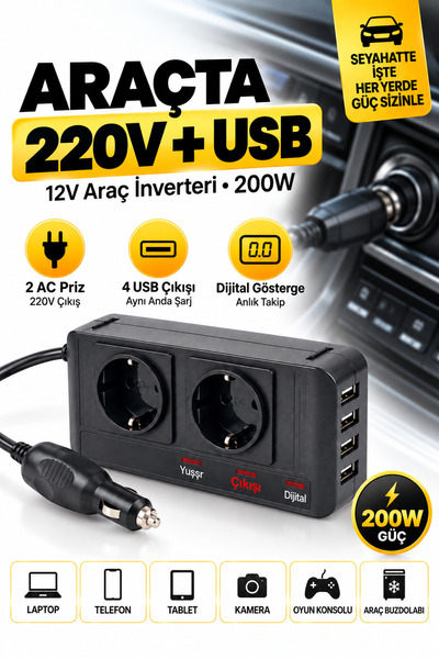 SOLEZON 12V 220V Araç İnverteri 200W 2 AC Priz 4 USB Çıkışlı Oto Çakmaklık Dö...