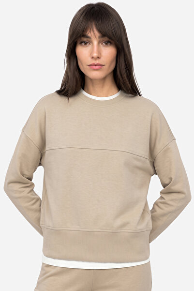 Mudo Women's Beige Loose Fit Crew Neck Sweatshirt