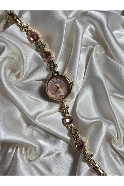 Mihristore Pembe Taşlı Pinterest Saat Kadın Kol Saati Bileklik Saat Gold Kadı...