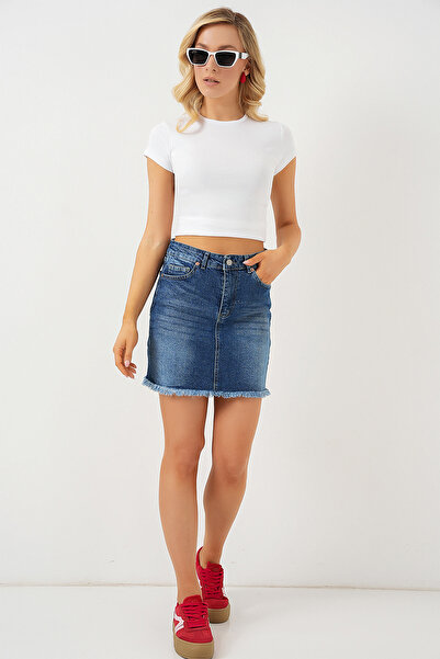 Modamorfo Women's Tasseled Mini Denim Skirt 8051 - Navy Blue