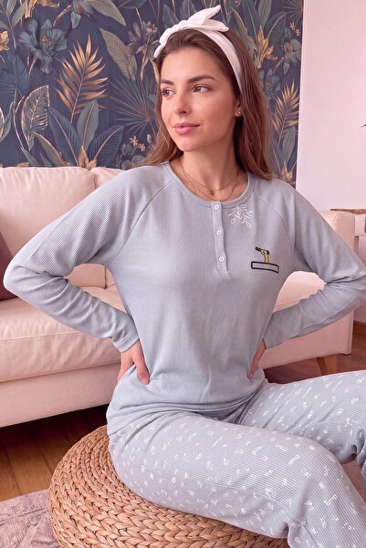 Pijamaevi Mavi Giraffe Desenli Waffle Soft Uzun Kollu Kadın Pijama Takım