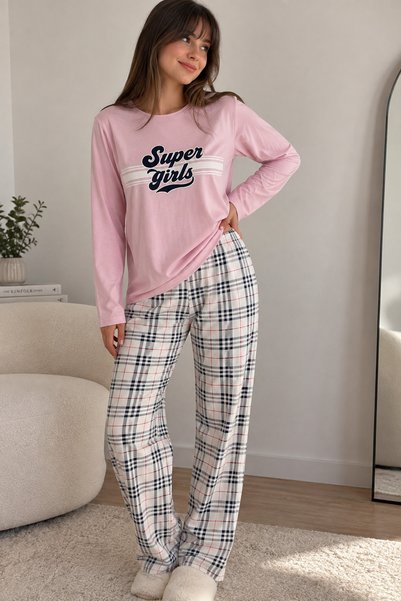 BELLAMER Super Girls Desenli Uzun Kollu Penye Pijama Takımı