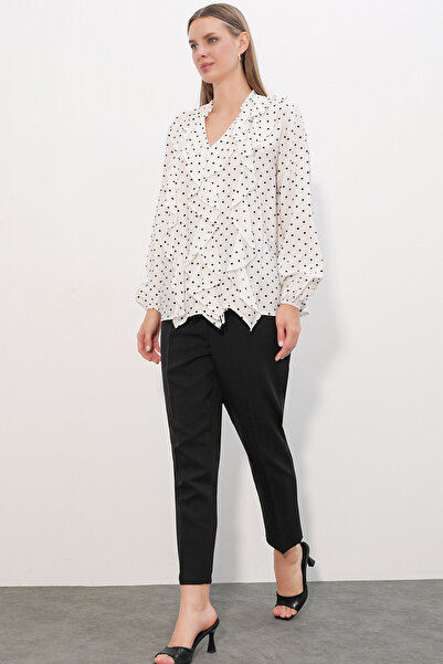 Modamorfo Women's Ruffle Detailed Long Sleeve Polka Dot Shirt 40031 - A.White