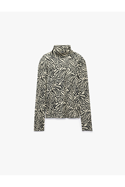 Koton Slim Fit Uzun Kollu Yarı Transparan Dik Yaka Zebra Desenli Bluz