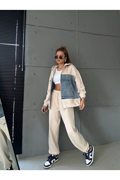 Bella Belluci Kadın Kaliteli Jean Detaylı Kapüşonlu İkili Eşofman Takımı