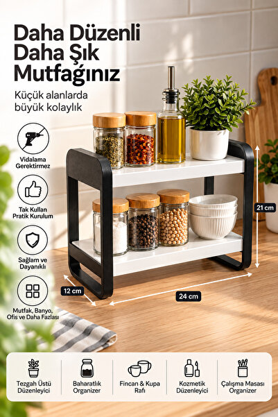SürLaz Ahşap Mutfak Tezgah Üstü Organizer Raf 2 Katlı Vidalamasız Tak Kullan ...