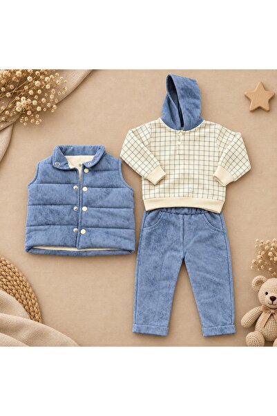 Pure Boutique Compleu baiat 3 piese din bumbac cu vesta matlasata hanorac cu gluga si pantaloni