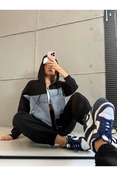 Bella Belluci Women's Quality Jean Detailed Hooded Two-Piece Tracksuit Set