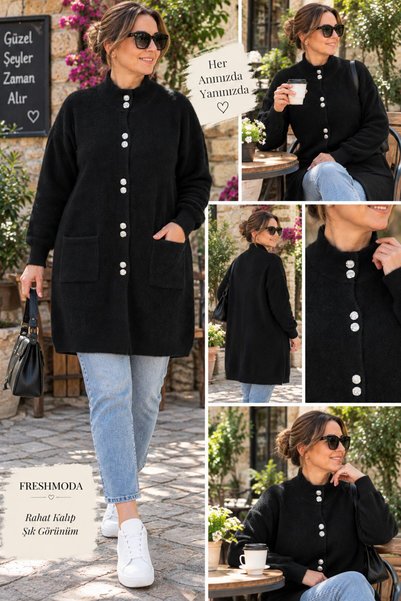 Fresh&Moda سترة نسائية شتوية من أنجورا ناعمة بياقة عالية ومرنة من الليكرا مع ...