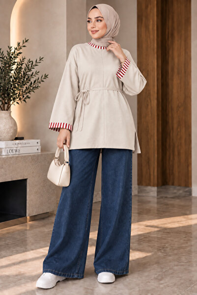 Genel Markalar Çizgi Garnili Yaka ve Kol Detaylı Kuşaklı Oversize Sweatshirt ...