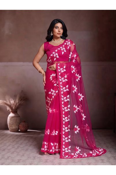 ViViRaSmi Luxury Soft Net Fancy Saree with Intricate Floral Embroidery & Scal...