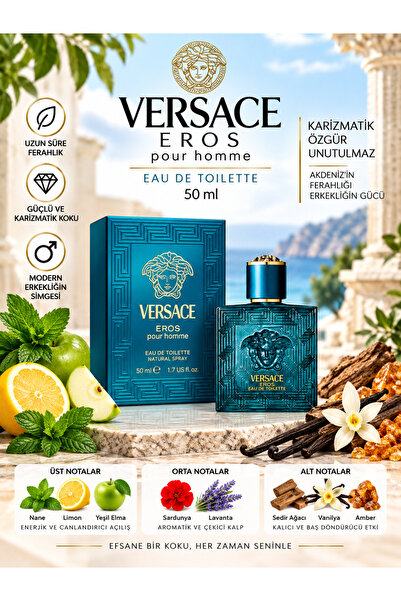 Versace Eros Eau de Toilette 50 ml – Ferah Nane, Yeşil Elma ve Sıcak Vanilya ...