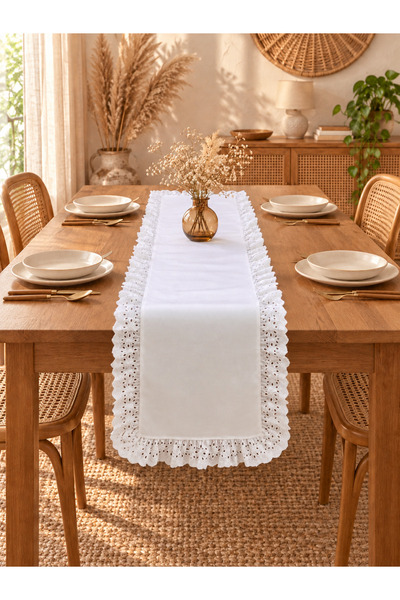 NURGİTA HOME Fistolu Fırfırlı Duck Keten Vintage Stil Runner & Nakışlı Runner...