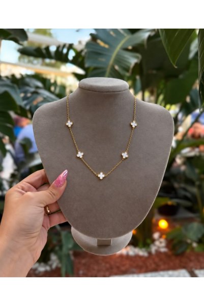 GUNESTAKI Gold Mini Beyaz Yonca Model Çelik Kolye