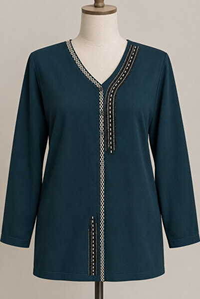 EDALI GİYİM Women's Plus Size Stone Embroidered Buttoned Cotton Clover Combed...