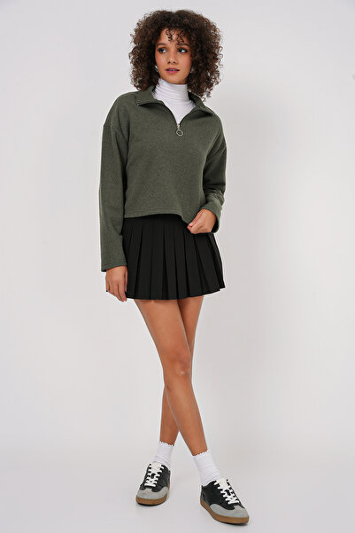 Modamorfo 55449 Zippered Collar Knitted Sweatshirt - Khaki