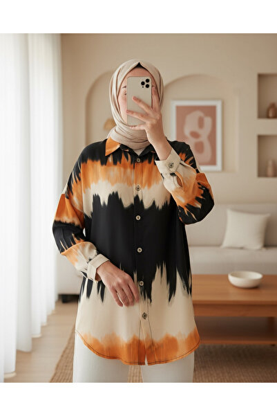 Modamorfo Women's Orange Black Patterned Oversize Shirt 5923