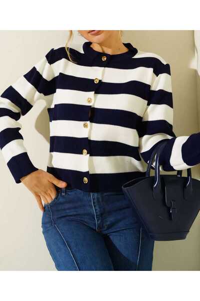 AlvaLuna Women's Striped Buttoned Collar Knitwear Cardigan