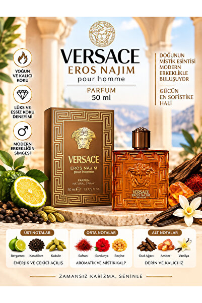 Versace Eros Najim Parfum 50 ml – Baharatlı, Aromatik, Amberli ve Odunsu Kara...