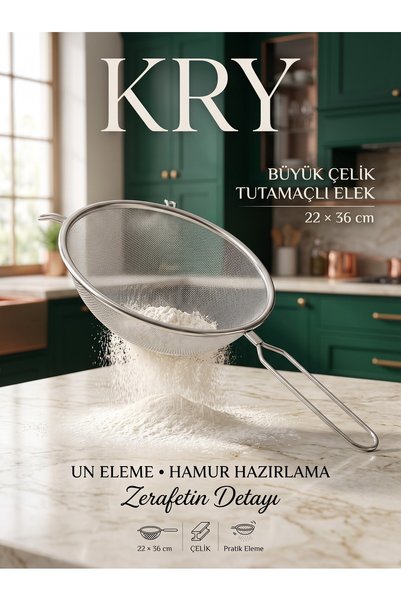 KRY Paslanmaz Çelik Tutacaklı Un Eleme Süzgeci BÜYÜK Boy 22x36 cm - İnce Göze...