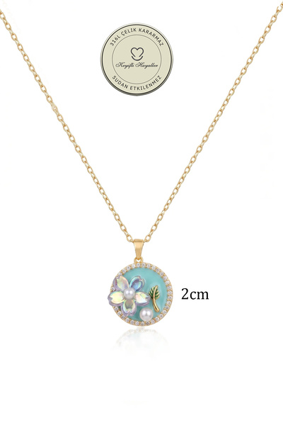 Keyifli Hayaller Çelik Kolye - 2cm İncili Su Yeşili Çiçek 316L Çelik Kolye Kararmaz Solmaz 41+5cm