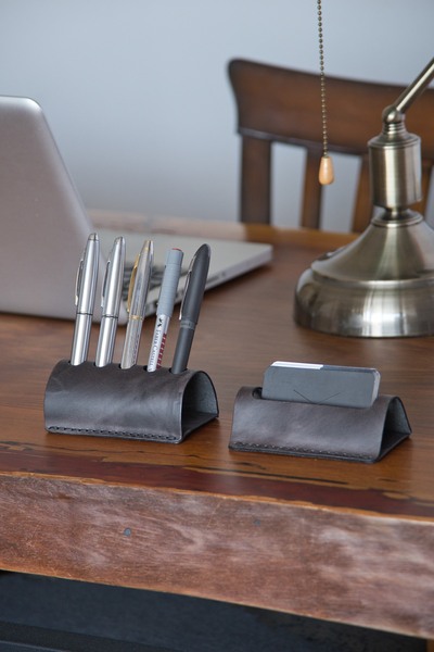 minimal X design Leather Office Desk Set - Genuine Leather Desktop Pen Holder...