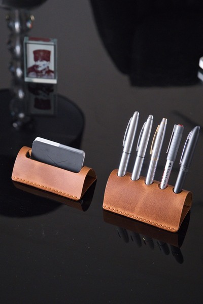 minimal X design Leather Office Desk Set - Genuine Leather Desktop Pen Holder...