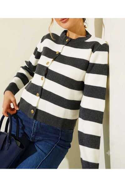 AlvaLuna Women's Striped Buttoned Collar Knitwear Cardigan