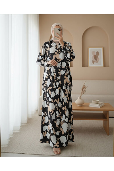 Modamorfo 8018 Patterned Satin Double Set - Black