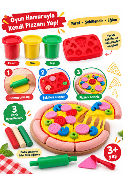 Pizza House Oyun Hamuru Pizza Seti – 3 Renk Hamur ve Şekillendirme Aparatları 3+ Yaş