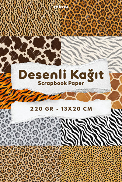 Mimu Art Studio Leopar Zebra Kaplan Zürafa İnek Hayvan Kürk Desenli Kağıt Set...
