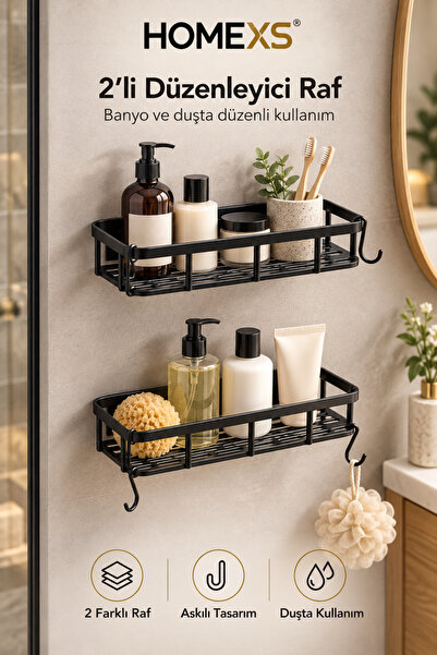 homexs Yapışkanlı Banyo Rafı, 2'li Banyo Düzenleyici, Duş Rafı Organizer Şamp...