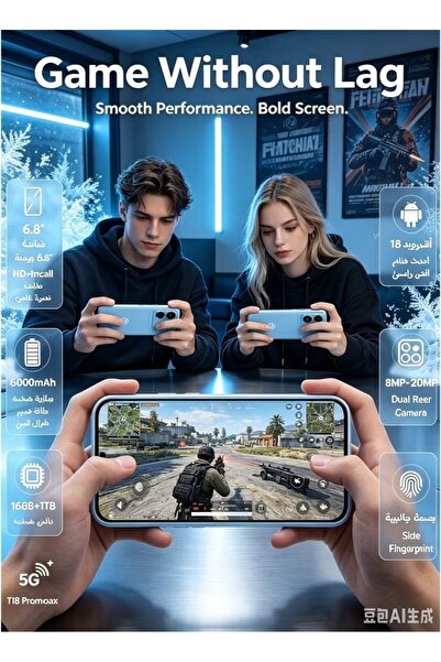 CCIT هاتف ذكي T18 Pro Max، شاشة HD+ Incell مقاس 6.8 بوصة، ذاكرة 16 جيجابايت + 1 تيرابايت، نظام أندرويد 16، كاميرا خلفية مزدوجة 8 ميجابكسل + 20 ميجابكسل، 5G، بطارية 6000 مللي أمبير