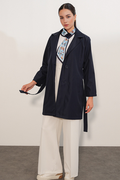 Modamorfo Women's Belted Short Trench Coat 5990 - Navy Blue
