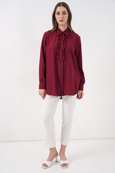Modamorfo Ruffled Long Shirt Tunic 5953 - Burgundy