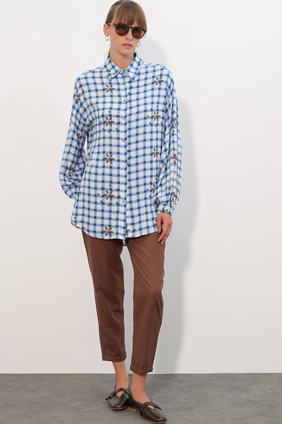 Modamorfo Women's Long Checkered Shirt Tunic 5988 - Blue