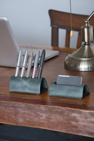 minimal X design Leather Office Desk Set - Genuine Leather Desktop Pen Holder...