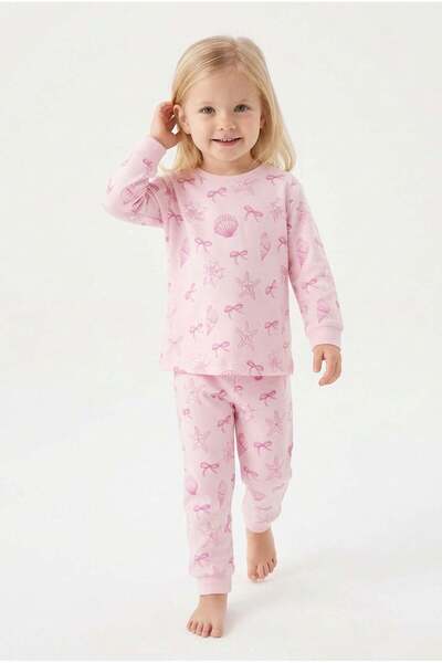 Dükkan Artı Baby Girl Seashell and Ribbon Printed 100% Cotton Single Jersey F...